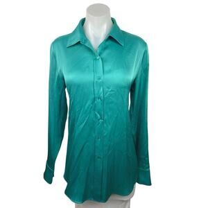 GSTQ Blue Collared Silky Satin Shiny Long Sleeve Button Down Blouse Top Size M